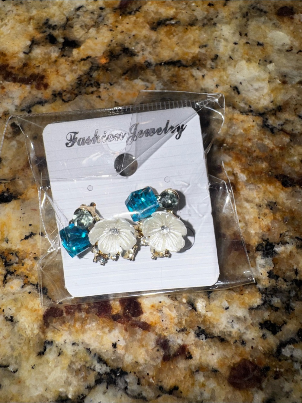 Fashion Jewelry White Floral Earrings with Blue Crystal Accents